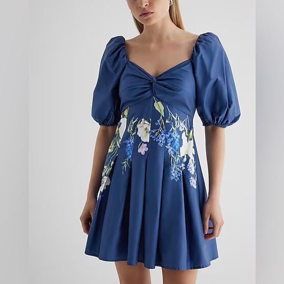Floral Twist Front Puff Sleeve Pleated Mini Dress - Picture 2 of 8